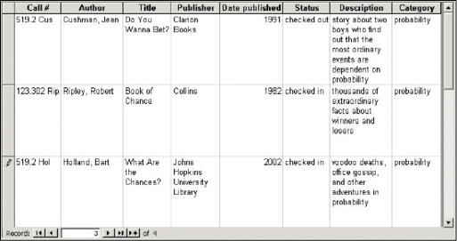 A partial database has 8 columns labeled call number, author, title, publisher, date published, status, description and category.